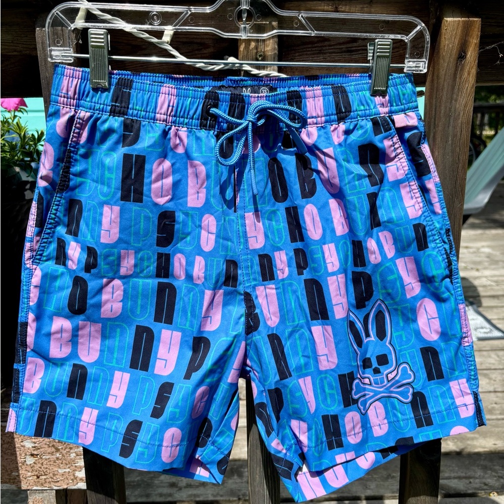 Psycho Bunny Blue and Pink All over Graphic Swim Shorts Men’s Size XS